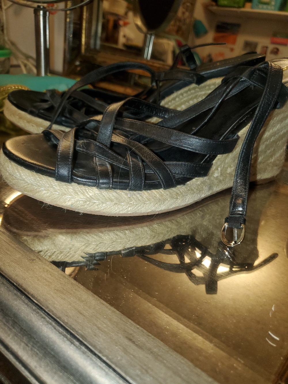 Cole Haan Black Strappy Espadrille Wedge Sandals